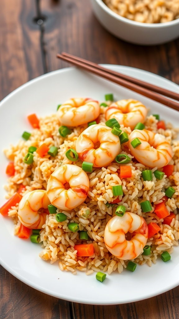 A delicious plate of shrimp fried rice with shrimp, vegetables, and green onions.